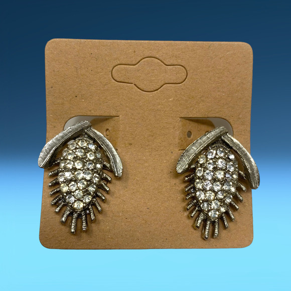 Vintage 1960s Clear Crystal Silver Tone Abstract Floral Earrings Clip On Couture - Picture 5 of 5